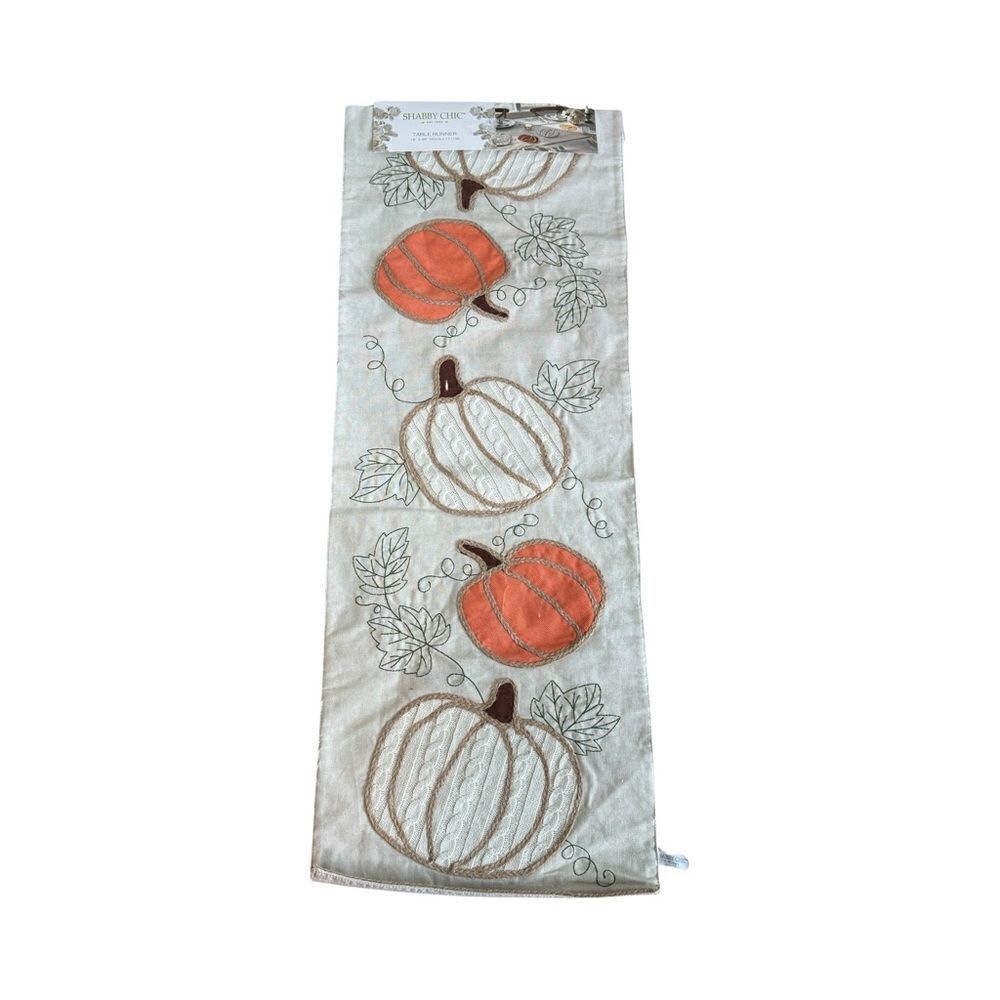 Shabby Chic Table Runner Pumpkins Appliqués & Vines Leaves Cotton 16” x 48” NWT